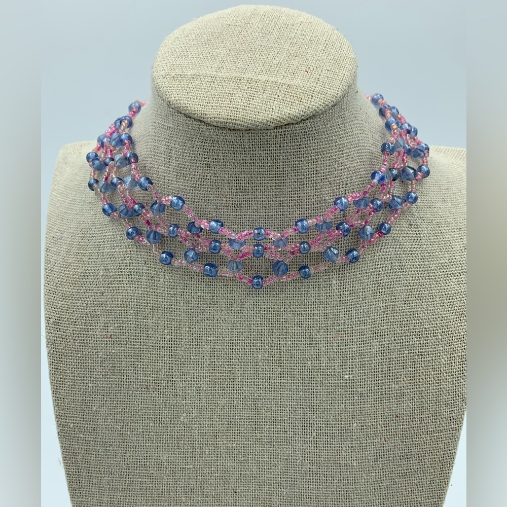 Pink and blue beaded choker